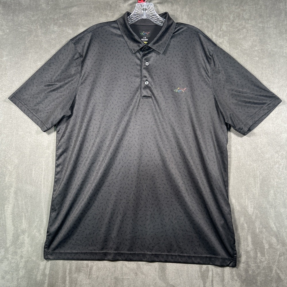 Greg Norman Play Dry Golf Polo Shirt Mens L Black Shark Print Performance